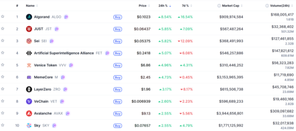 ▲시가총액 TOP 100 가상자산 중 상승률 TOP 10 가상자산 정보 (사진제공=CoinMarketCap)