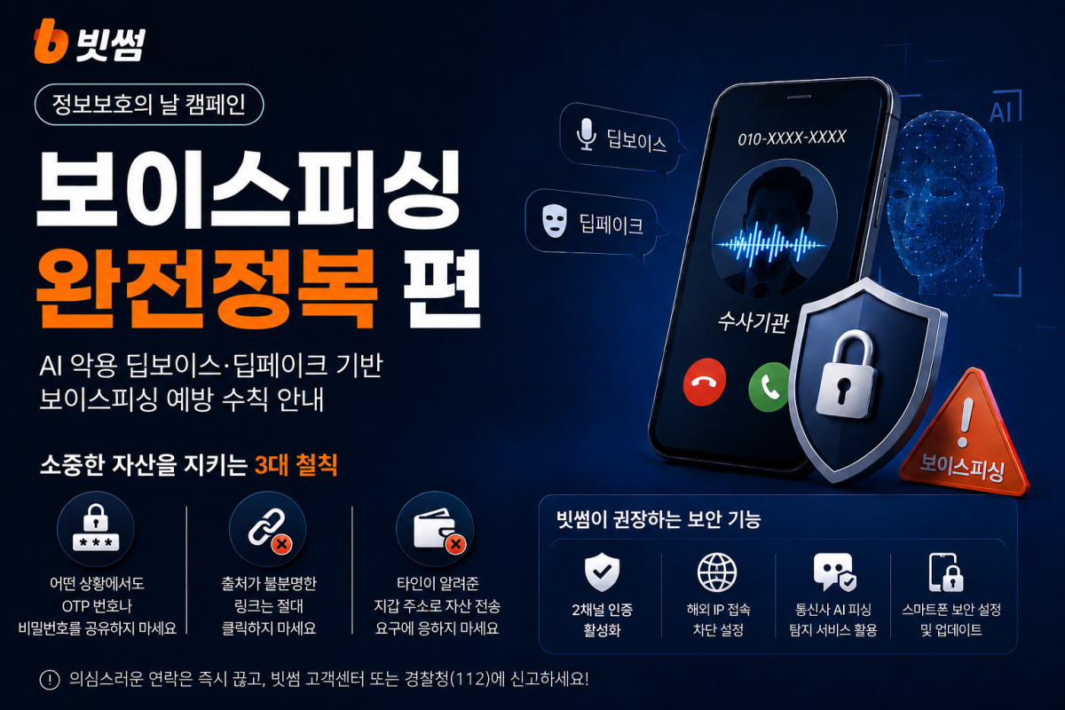 ▲빗썸이 정보보호의 날 캠페인 ‘보이스피싱 완전정복’ 편을 통해 AI 기반 딥보이스·딥페이크 보이스피싱 예방 수칙을 안내했다. (사진제공=빗썸)