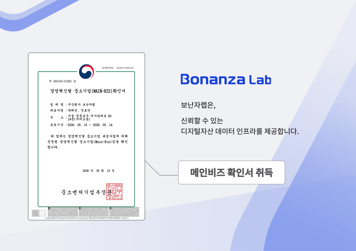 ▲보난자랩이 중소벤처기업부 주관 경영혁신형 중소기업(Main-Biz) 인증을 취득했다. (사진제공=보난자랩)