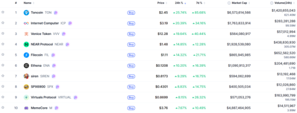 ▲시가총액 TOP 100 가상자산 중 상승률 TOP 10 가상자산 정보 (사진제공=CoinMarketCap)