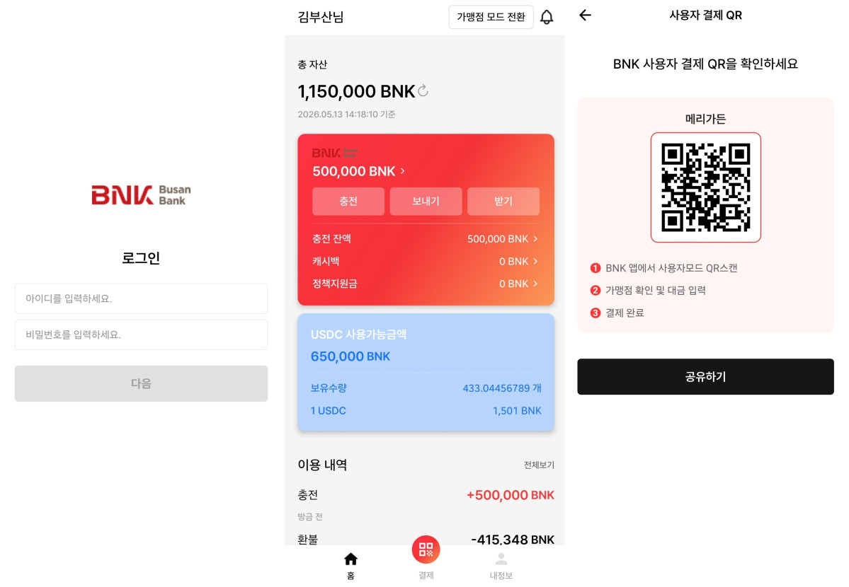 ▲BNK부산은행 원화 스테이블코인 테스트 애플리케이션 화면. 충전, 송금, 결제, 환불 등 주요 기능을 구현해 2차 기술검증을 진행했다. (사진제공=다날핀테크)