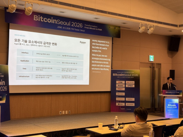 ▲김호진 해시드오픈파이낸스 대표가 5일 여의도FKI타워에서 열린 ‘비트코인서울 2026’에서 ‘AI 강국에서 금융 표준국으로: Global G3 시대, 에이전트가 만드는 새로운 금융, 스테이블코인이 여는 한국의 시간’을 주제로 강연했다 (사진=염현주 기자)