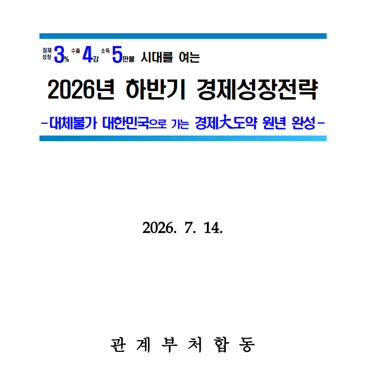 ▲정부가 14일 관계부처 합동으로 발표한 ‘2026년 하반기 경제성장전략’. 이번 전략에는 디지털자산기본법 입법, 블록체인 산업 경쟁력 강화, CBDC 연계 국채 토큰화 실증 등이 포함됐다. (출처=재정경제부)