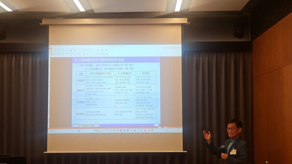 ▲심재현 경기대 교수가 10일 드림플러스 강남에서 열린 지역화폐 스테이블코인 전략 워크숍에서 스테이블코인의 경제적 효과를 발표하고 있다. (손기현 기자)