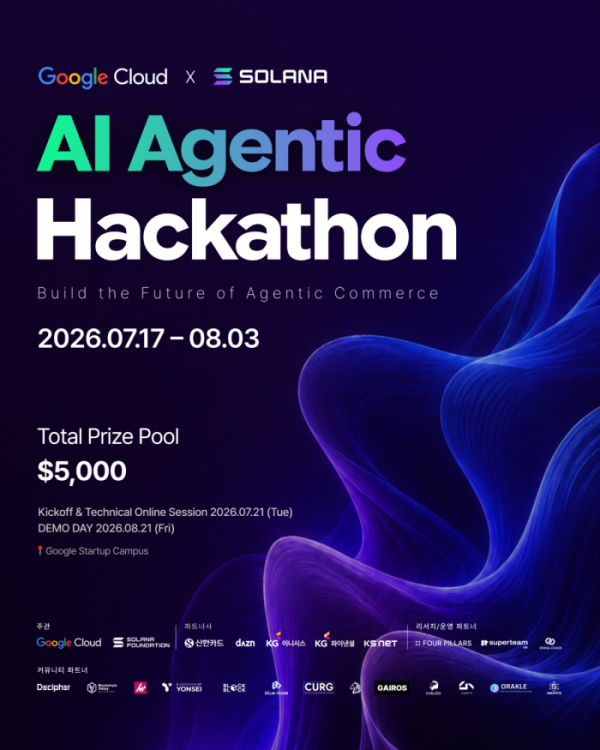 ▲구글 클라우드와 솔라나 재단이 'AI Agentic Hackathon'을 개최한다. 참가팀은 구글의 생성형 AI 모델 제미니(Gemini)와 솔라나 온체인 결제 인프라를 활용해 AI 에이전트 기반 자율결제 서비스를 개발하며, 총상금은 5000달러 규모다. (사진제공=구글 클라우드·솔라나 재단)