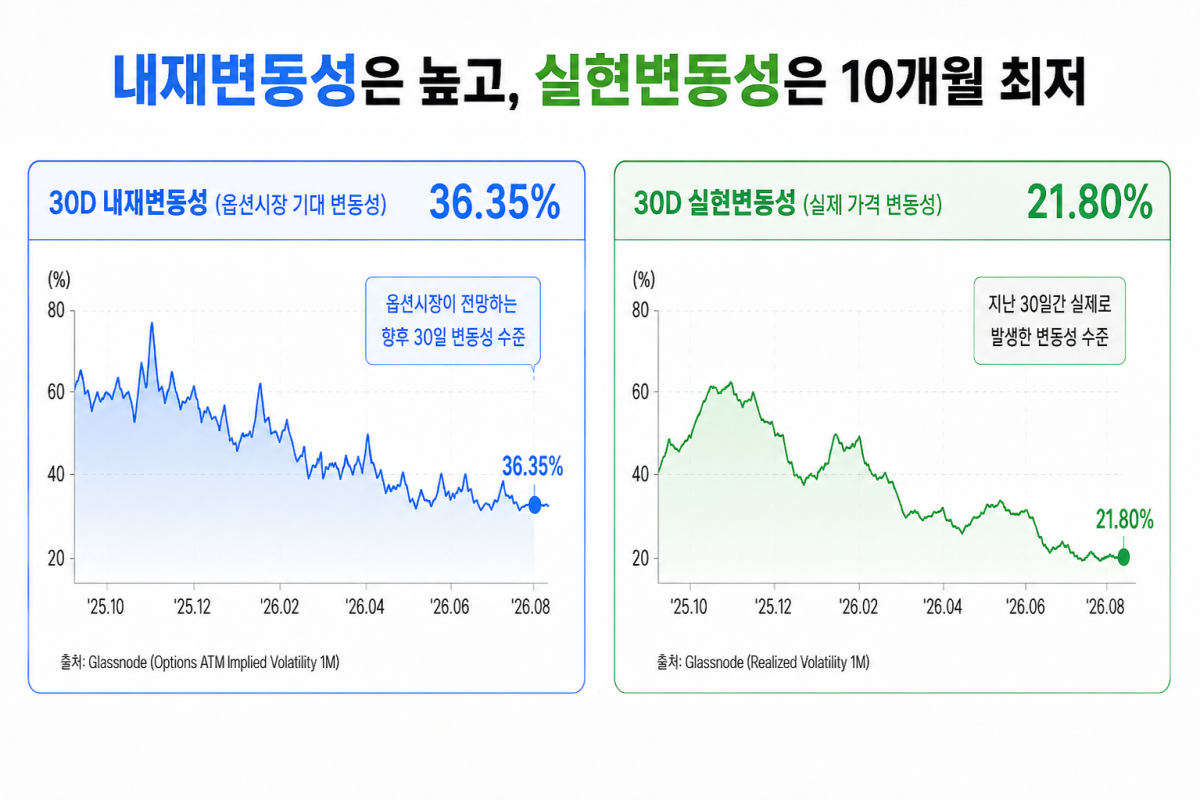 ▲비트코인 30일 내재변동성과 실현변동성 추이. 옵션시장이 반영하는 내재변동성은 36.35%로 유지된 반면, 실제 가격 움직임을 나타내는 실현변동성은 21.80%까지 낮아지며 10개월 최저 수준을 기록했다. (출처=글래스노드)