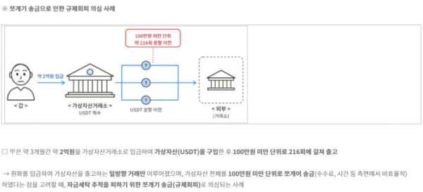 ▲금융위원회가 공개한 쪼개기 송금 규제회피 의심 사례. 이용자 갑(甲)은 약 3개월간 가상자산거래소에 약 2억원을 입금해 테더(USDT)를 매수한 뒤 100만원 미만 단위로 216차례 분할 출고했다. 금융당국은 이를 자금세탁 추적을 피하기 위한 규제회피 의심 사례로 제시했다. (출처=금융위원회)