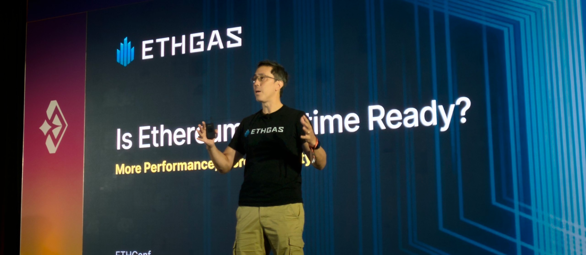 ▲케빈 렙소 이더가스(ETHGas) 창립자 겸 최고경영자(CEO)가 지난 6월 미국 뉴욕 자비츠센터에서 열린 ‘ETHConf 2026’에서 ‘Is Ethereum Realtime Ready’를 주제로 발표하고 있다. (사진제공=이더가스)