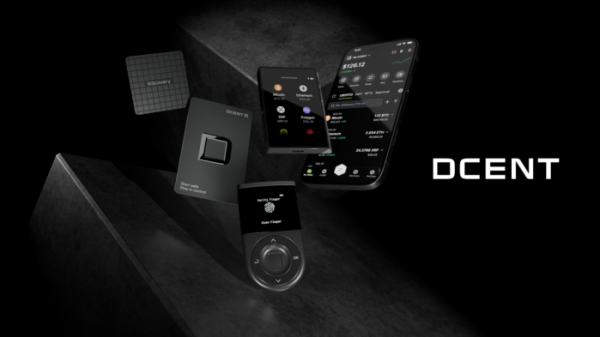 ▲디센트(DCENT)가 브랜드 출범 8년 만에 새로운 브랜드 아이덴티티를 공개했다. 사진은 DCENT 하드웨어 지갑과 모바일 앱, 리커버리 카드. (사진제공=아이오트러스트)