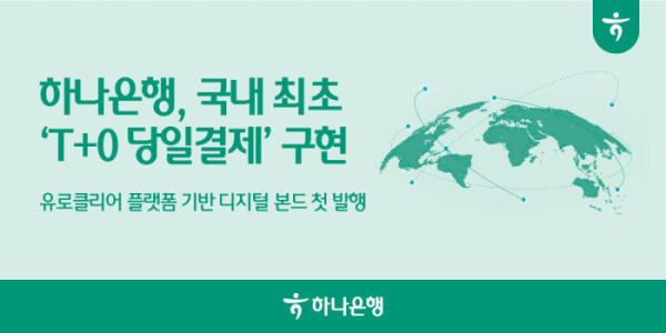 ▲하나은행이 유로클리어의 블록체인 플랫폼 ‘D-FMI’를 활용해 국내 최초로 당일결제(T+0)를 구현한 1억 달러 규모의 디지털 채권을 발행했다. (사진제공=하나은행)