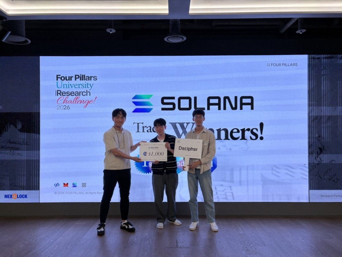 ▲지난 1일 서울 강남구 해시드 라운지에서 열린 ‘Four Pillars Research Challenge 2026’에서 Solana 트랙 1위를 차지한 서울대 블록체인 학회 디사이퍼(Decipher)가 기념촬영을 하고 있다. 디사이퍼는 ‘Auditing BAM’s Deterministic Execution Vision’을 통해 솔라나 BAM과 MPP의 거래 실행 순서 안정성을 분석했다. (사진제공=포필러스)
