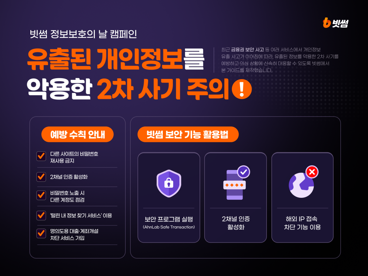 ▲빗썸이 10월 정보보호 캠페인을 통해 유출 개인정보를 악용한 2차 사기 예방 수칙과 계정 보안 기능 활용법을 안내했다. (사진제공=빗썸)